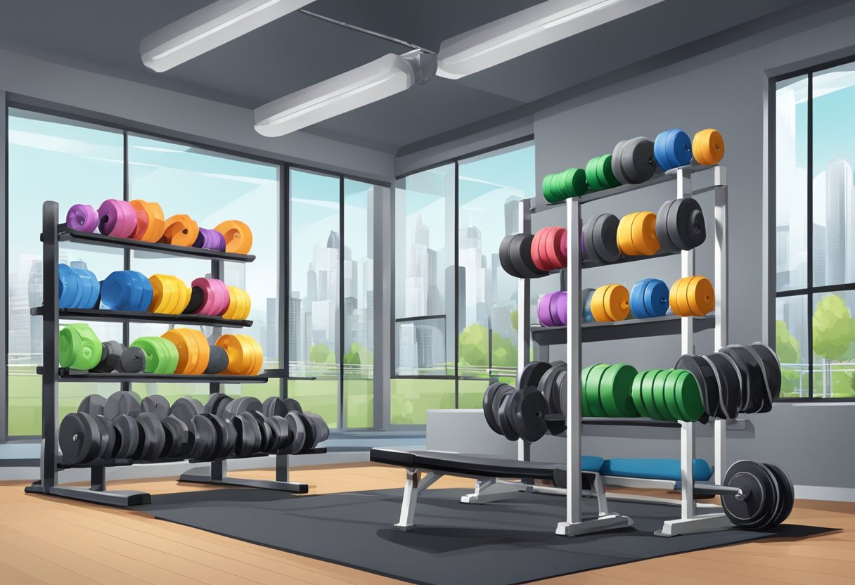 A gym setting with various resistance training equipment, such as dumbbells, barbells, and resistance bands, arranged neatly on racks and shelves