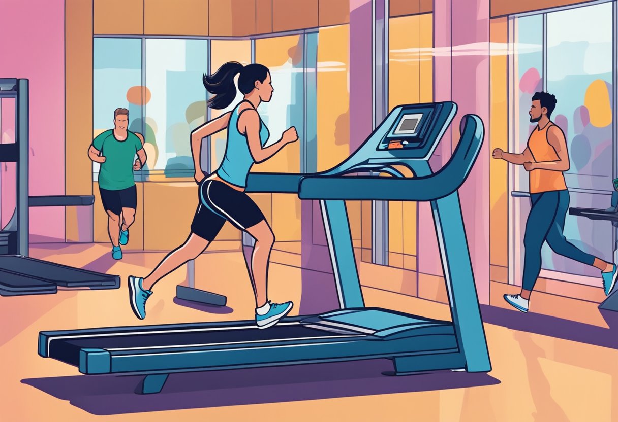 A person running on a treadmill in a gym with sweat dripping down their face. The background shows other gym equipment and people working out