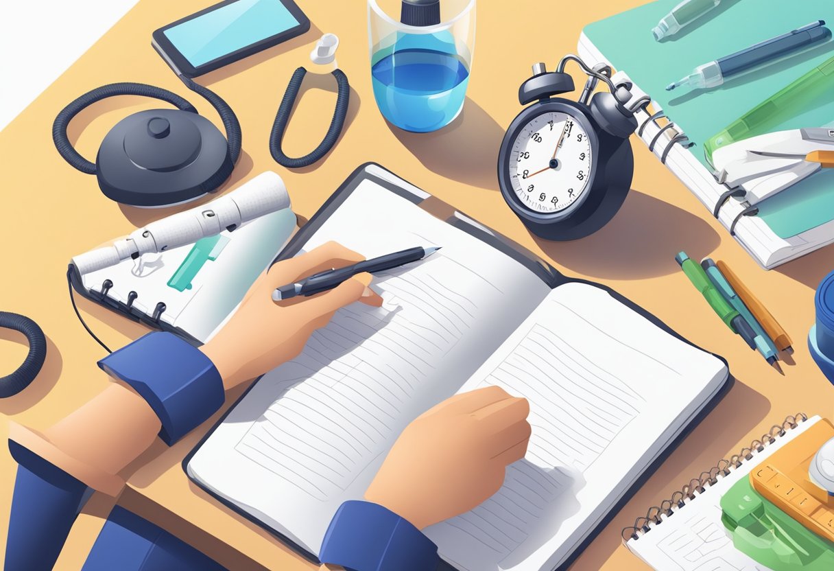 A person writing fitness goals in a notebook with a stopwatch and water bottle nearby