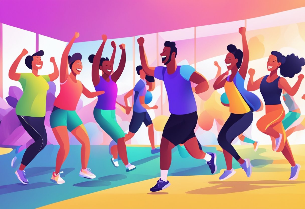 People laughing, high-fiving, and cheering during a group workout. Bright colors and energetic movements show the fun and enjoyment in fitness